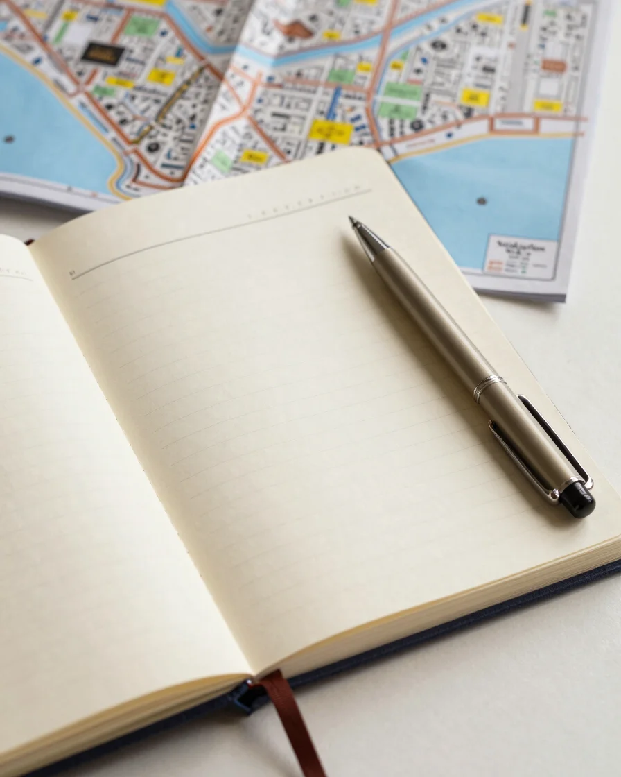 Overhead studio view of an open itinerary notebook, a folded city