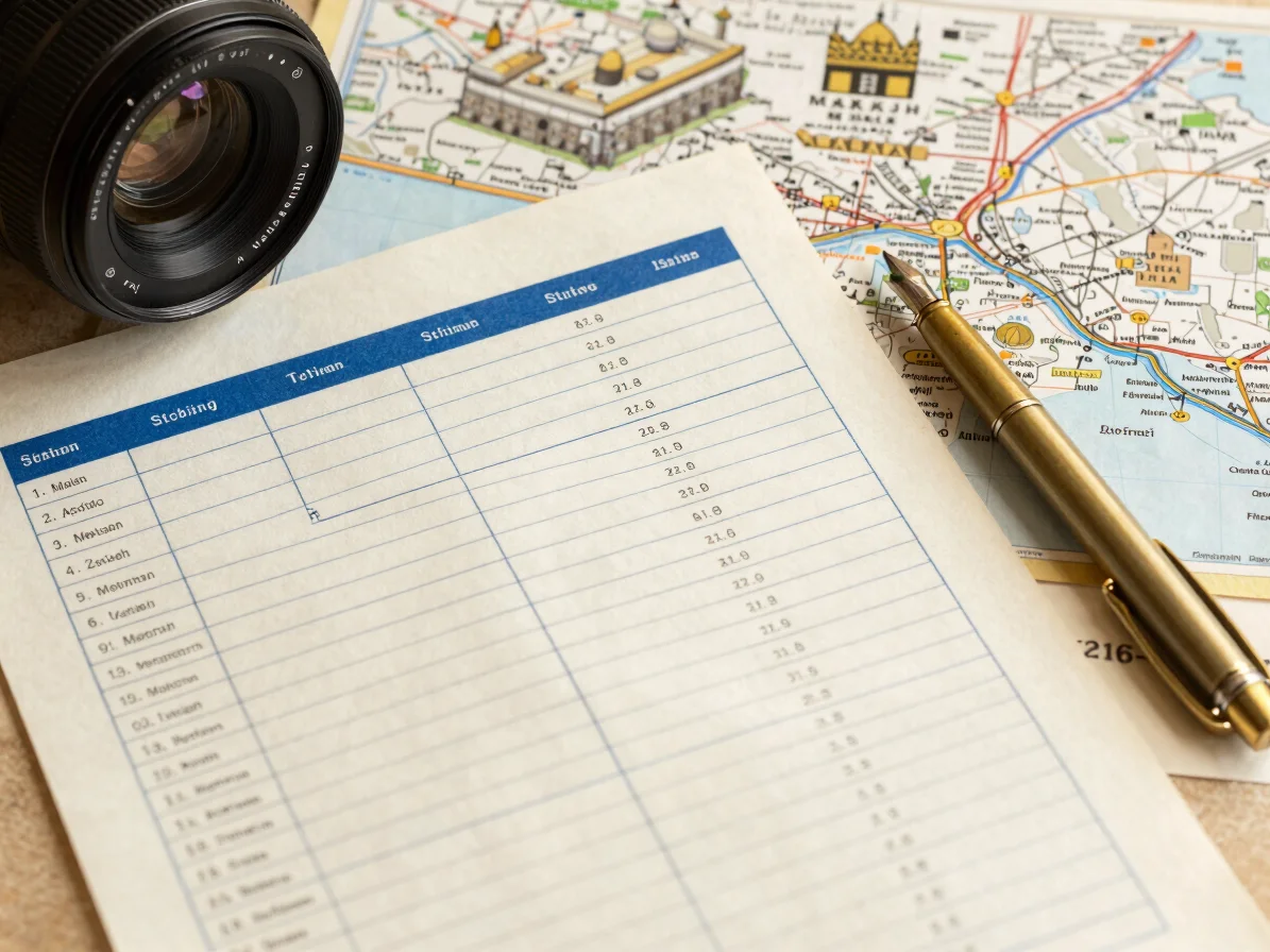 Overhead editorial studio shot of a printed transfer schedule, a map of Makkah and Madinah, and a brass-edged pen on war