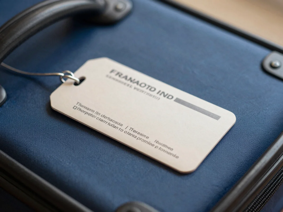 Close editorial detail of a travel luggage tag and a folded transport information card on a deep blue surface, soft natu