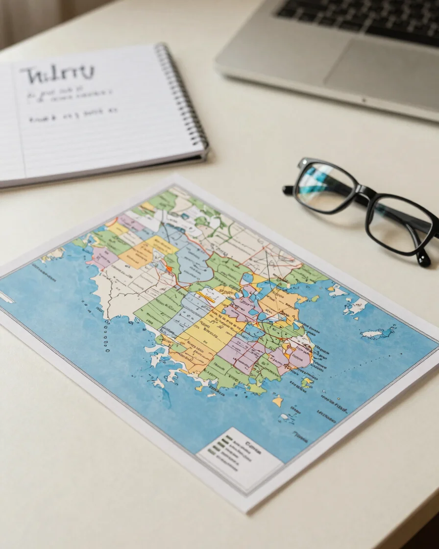 Overhead studio view of a neatly arranged desk with a printed regional map, handwritten itinerary notes, and a pair of r